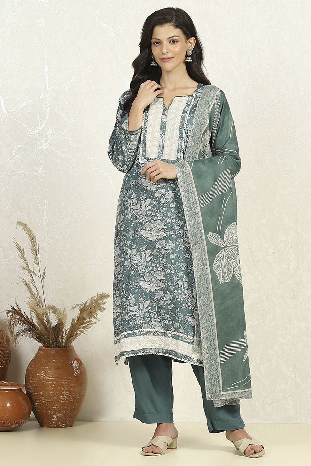 Purple Cotton Floral Printed Unstitched Suit Set image number 7