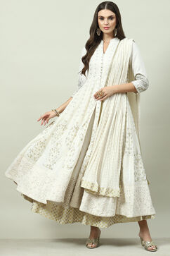 Off White Cotton Anarkali Kurta Lehenga Suit Set image number 0