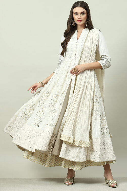 Off White Cotton Anarkali Kurta Lehenga Suit Set image number 0