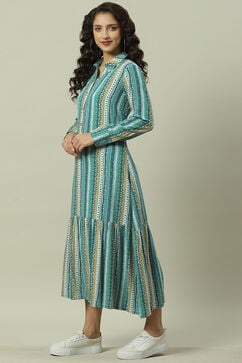 Blue Rayon Flared Printed Dress image number 2
