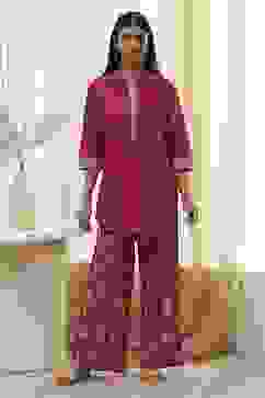 Plum Red Cotton Printed Kurta Set image number 6