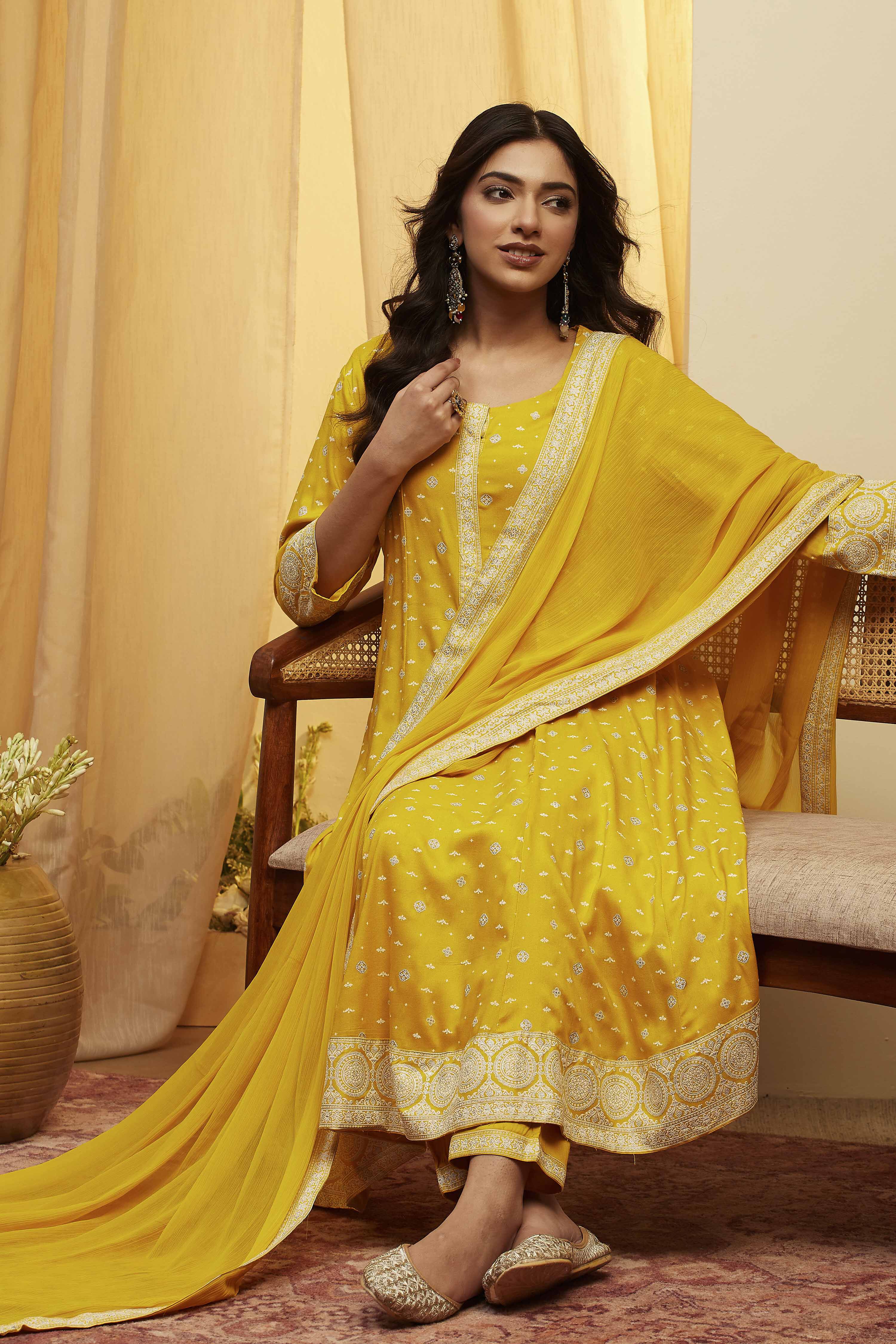 Yellow Viscose Rayon Kalidar Suit Set image number 0