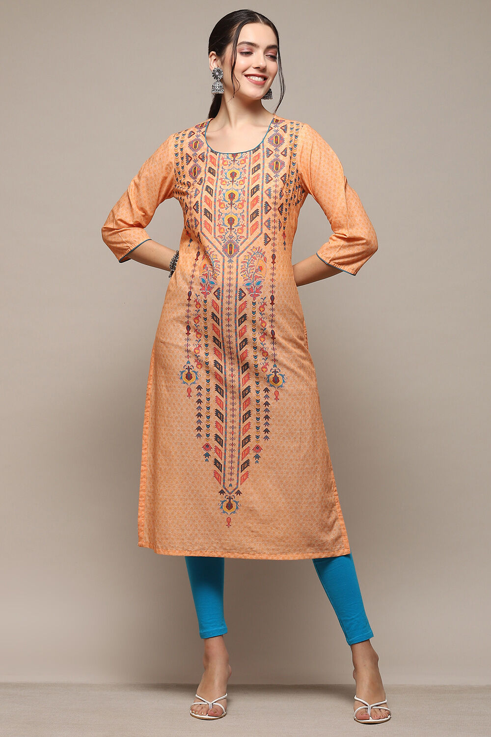 Green Cotton Blend Straight Printed Kurta image number 0
