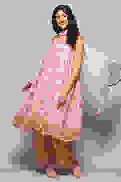 Cream Printed Strappy A-Line & Palazzo Suit Set image number 0