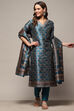 Turquoise Silk Blend Unstitched Suit set image number 6