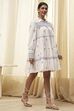 Off-White and Blue Cotton Floral Tiered Dress image number 4
