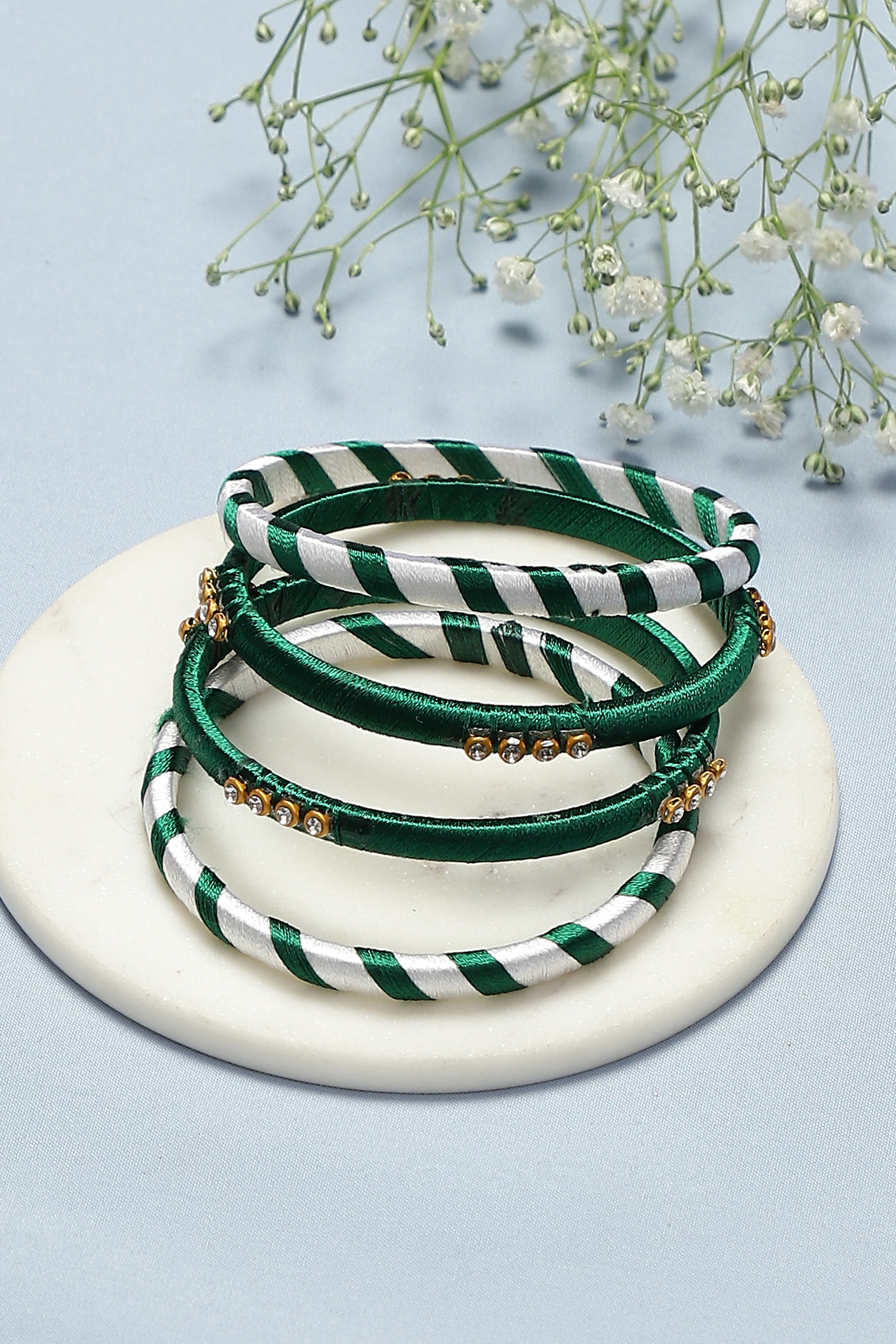 Green White Plastic Thread Bangles