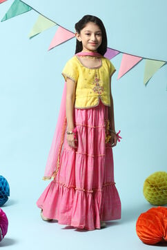 Yellow & Pink Cotton Blend Short Top Lehenga Set image number 6