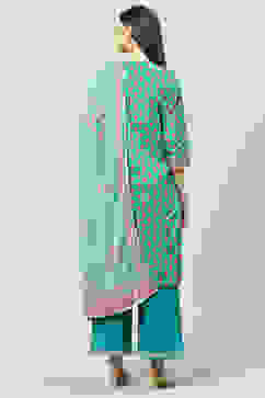 Teal Cotton Straight Kurta Palazzo Suit Set image number 4