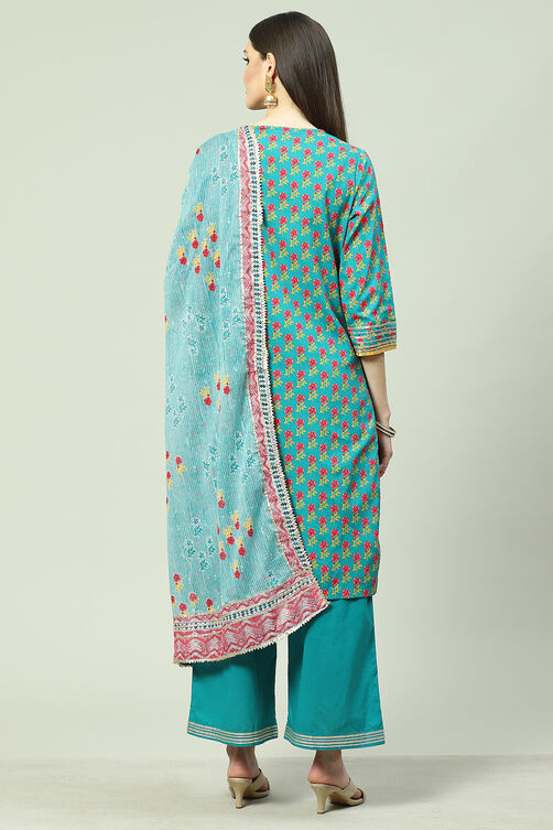 Teal Cotton Straight Kurta Palazzo Suit Set image number 4