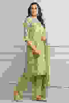 Green Cotton Blend Floral Straight Suit Set image number 5