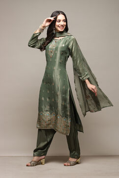 Metalic & Green Banarasi Silk Digital Print Unstitched Suit Set image number 1