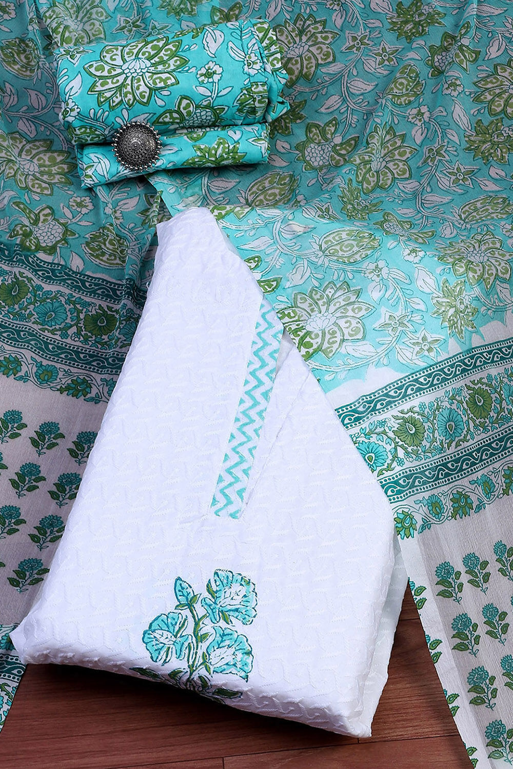 White and Pink Cotton Floral Hand Block Unstitched Suit Set image number 0