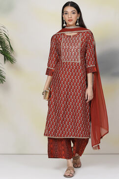 Terracotta Red Art Silk Straight Kurta Palazzo Suit Set image number 7