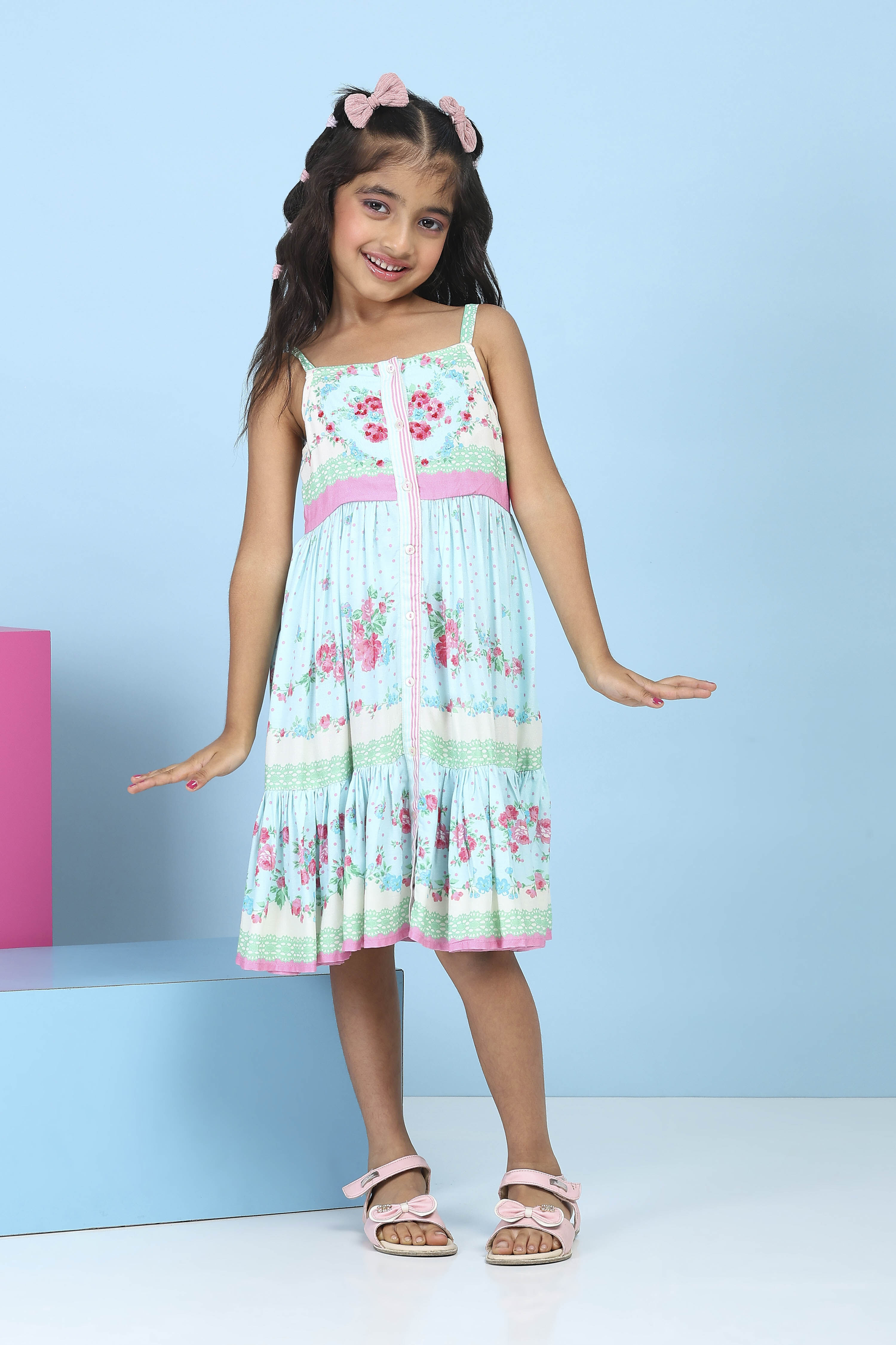 Blue Floral Printed Tiered Flared Dress image number 5