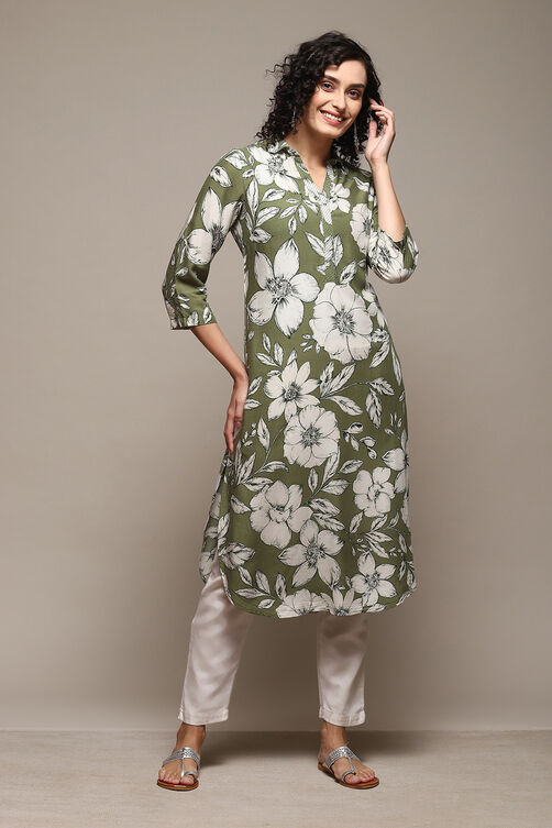 Olive Green Rayon Straight Printed Kurta image number 0