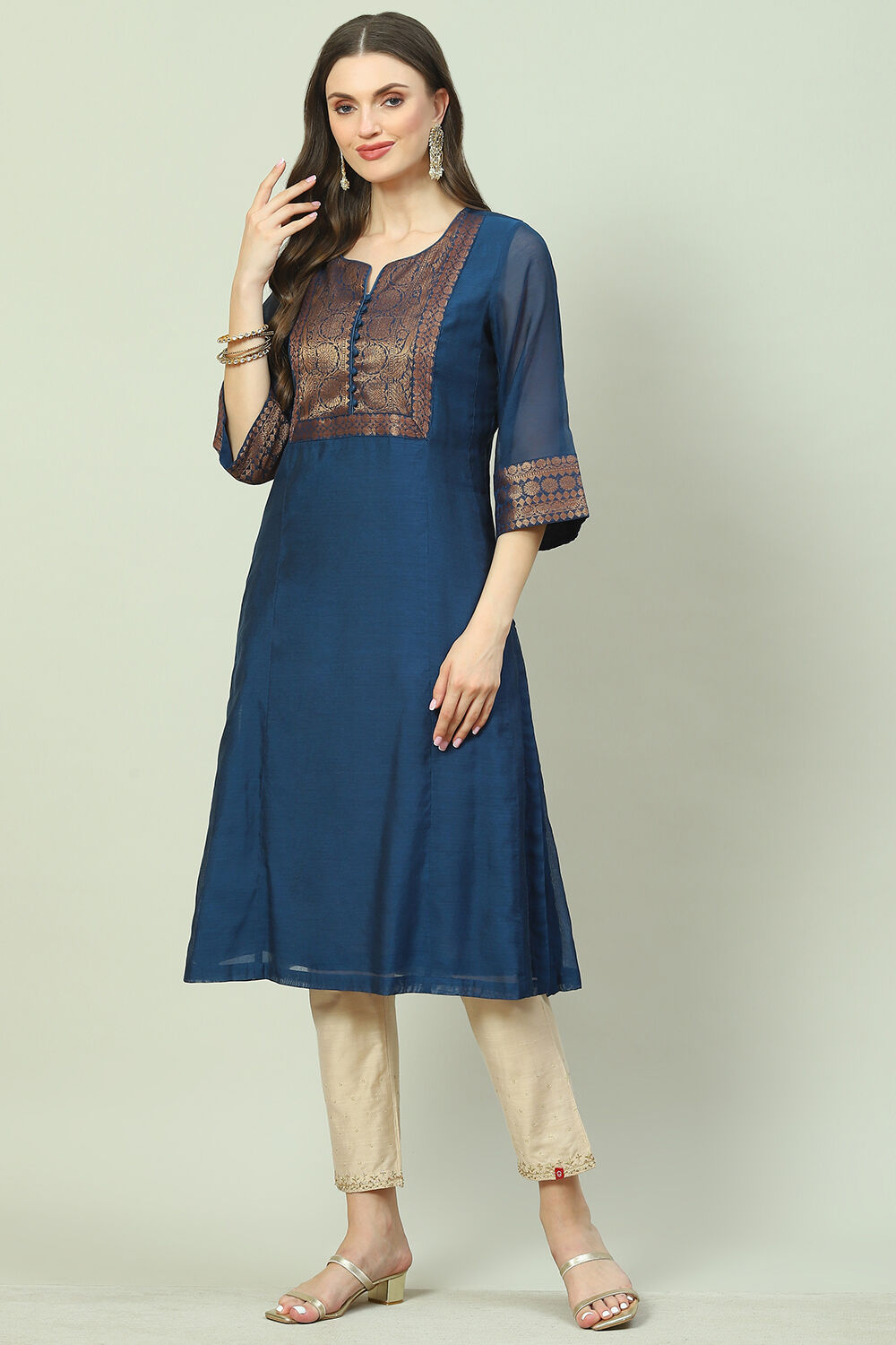 Navy Poly Metallic A-Line Yarndyed Kurta image number 0