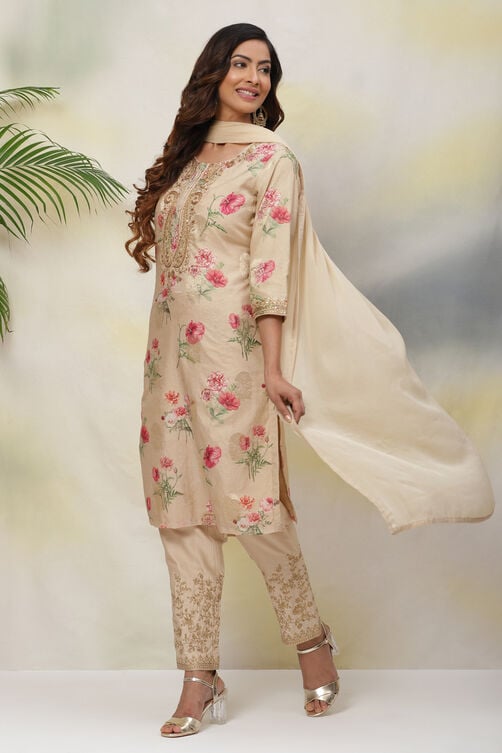 Beige Poly Metallic Cotton Straight Suit Set image number 5