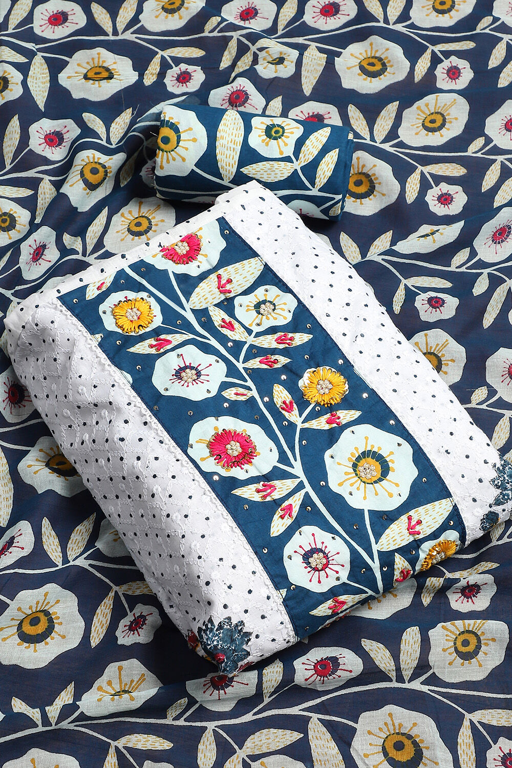 White and Blue Cotton Schiffli Unstitched Suit Set image number 1