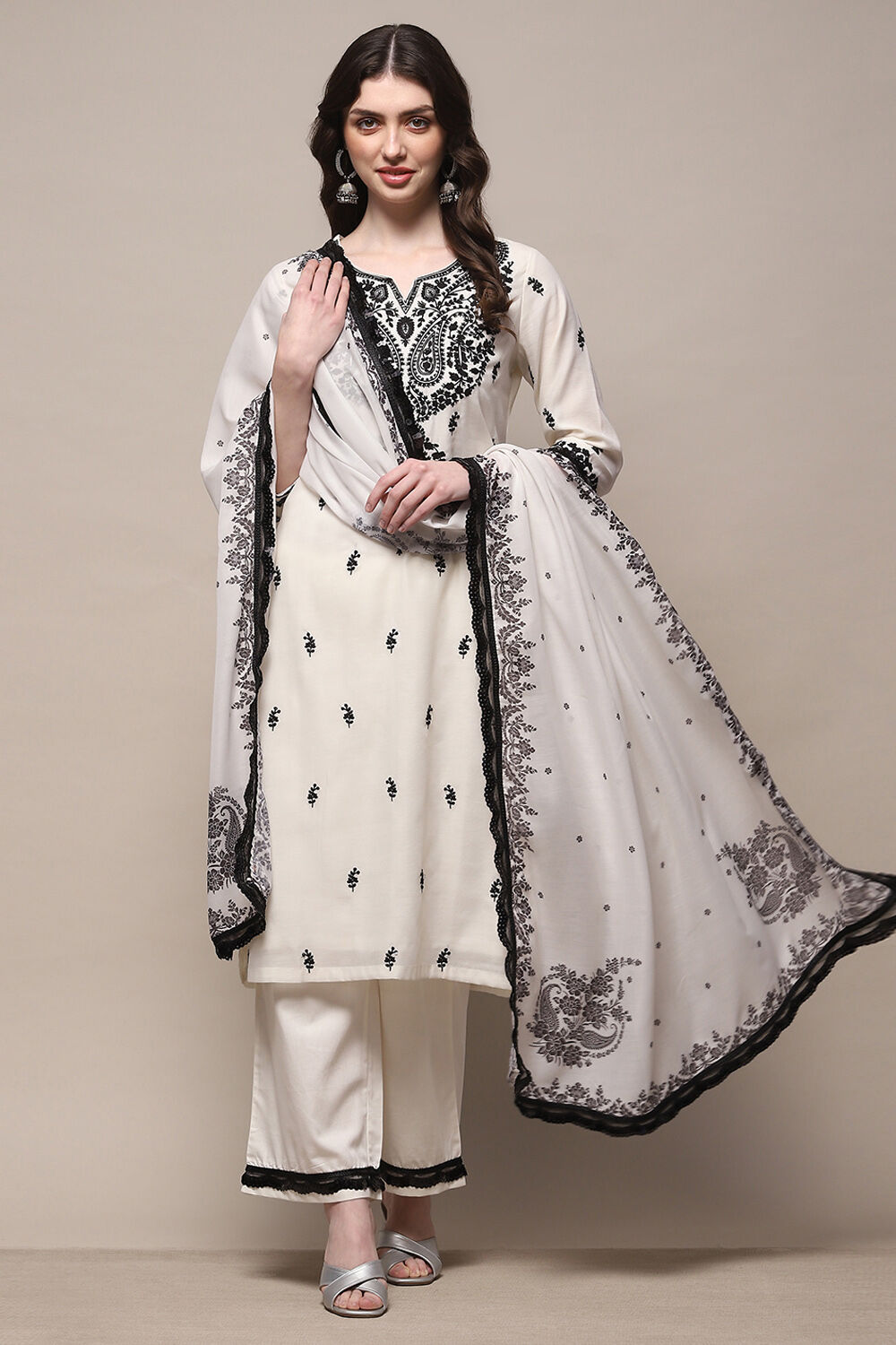 Off White Polyester Straight Suit Set at Biba India