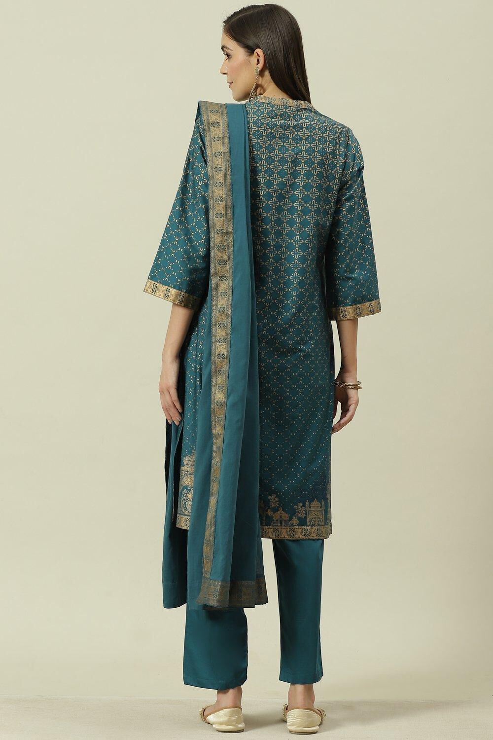 Bottle Blue Printed Cotton Straight Suit Set image number 4