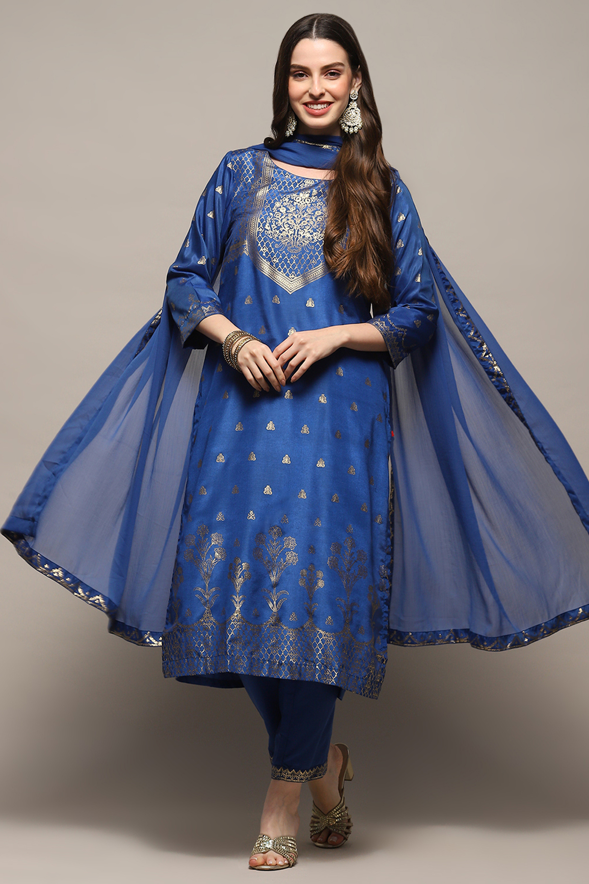 Blue Poly Shantoon Narrow Kurta Pant Suit Set