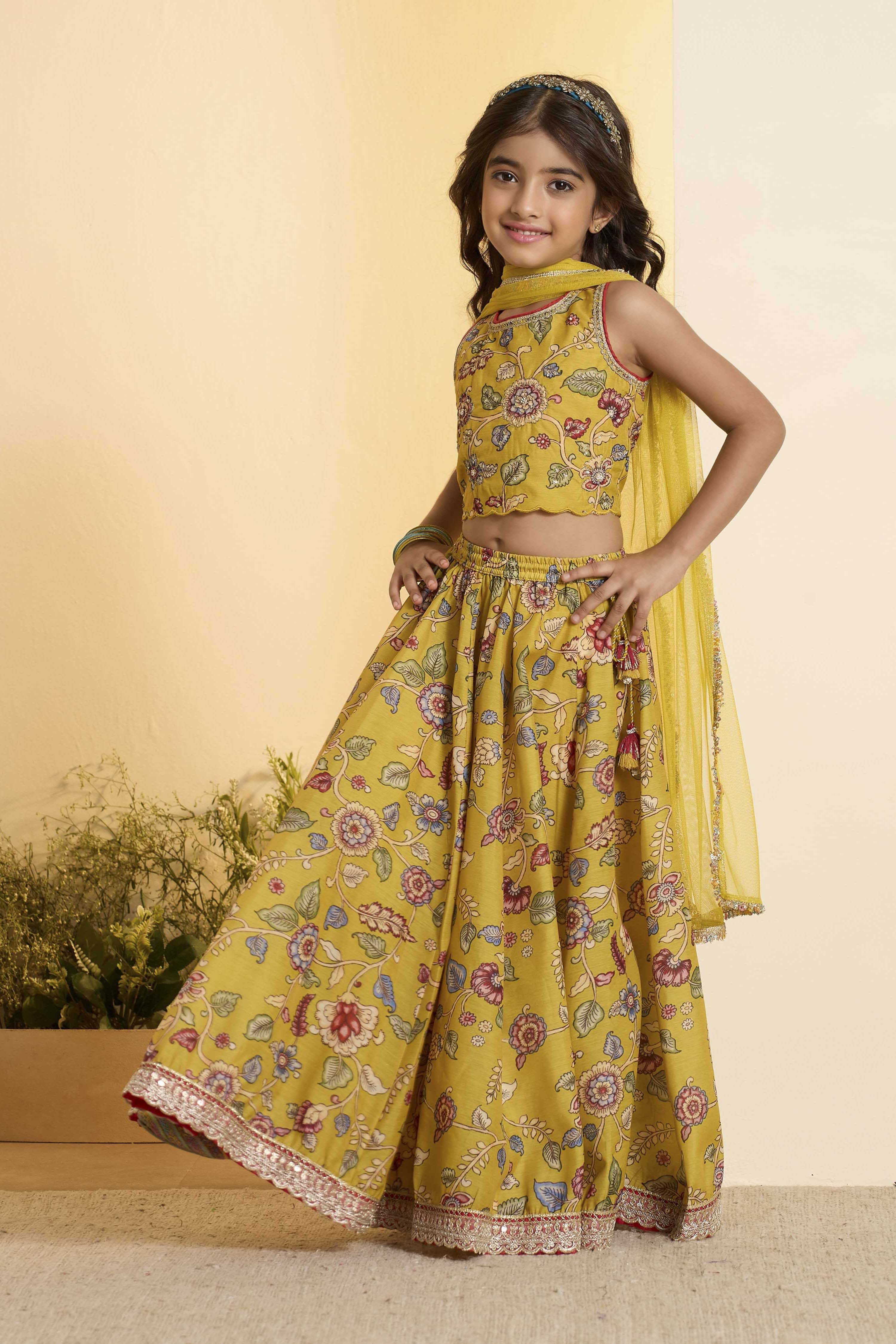 Mustard Yellow Floral Flared Lehenga Set image number 3