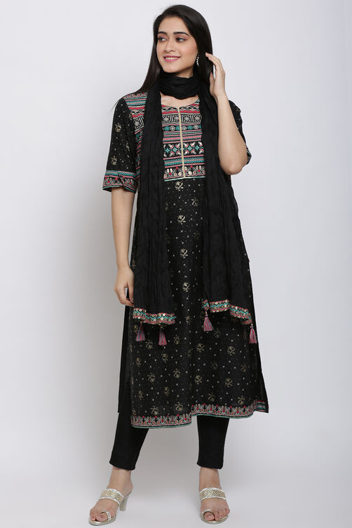 Black Cotton Flax Printed Kurta image number 4