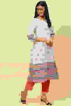 Off White Cotton A Line Kurta image number 3