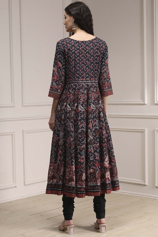 Black Cotton Fitted Anarkali Suit Set image number 4