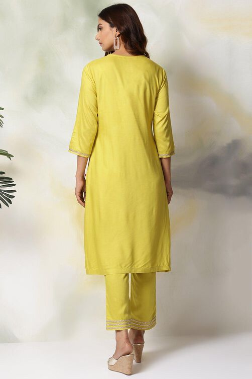 Lime Green Rayon Straight Kurta Pants Suit Set image number 5