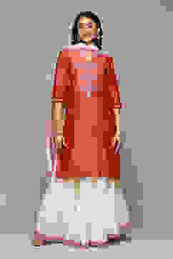 Red & Off White Cotton Blend Straight Kurta Suit Set image number 7