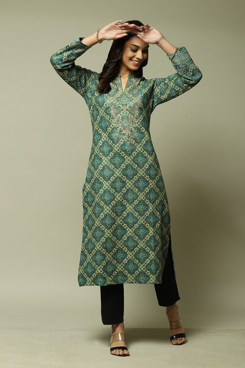 Green Acrylic Straight Printed Kurta image number 5