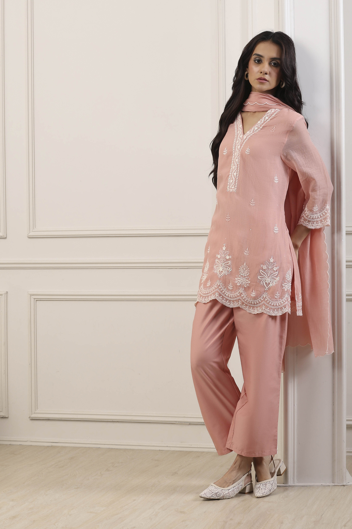 Peach Silk Chanderi Embroidered Straight Suit Set