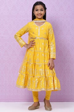 Yellow Cotton Girls Straight Kurta Churidar Suit Set image number 4