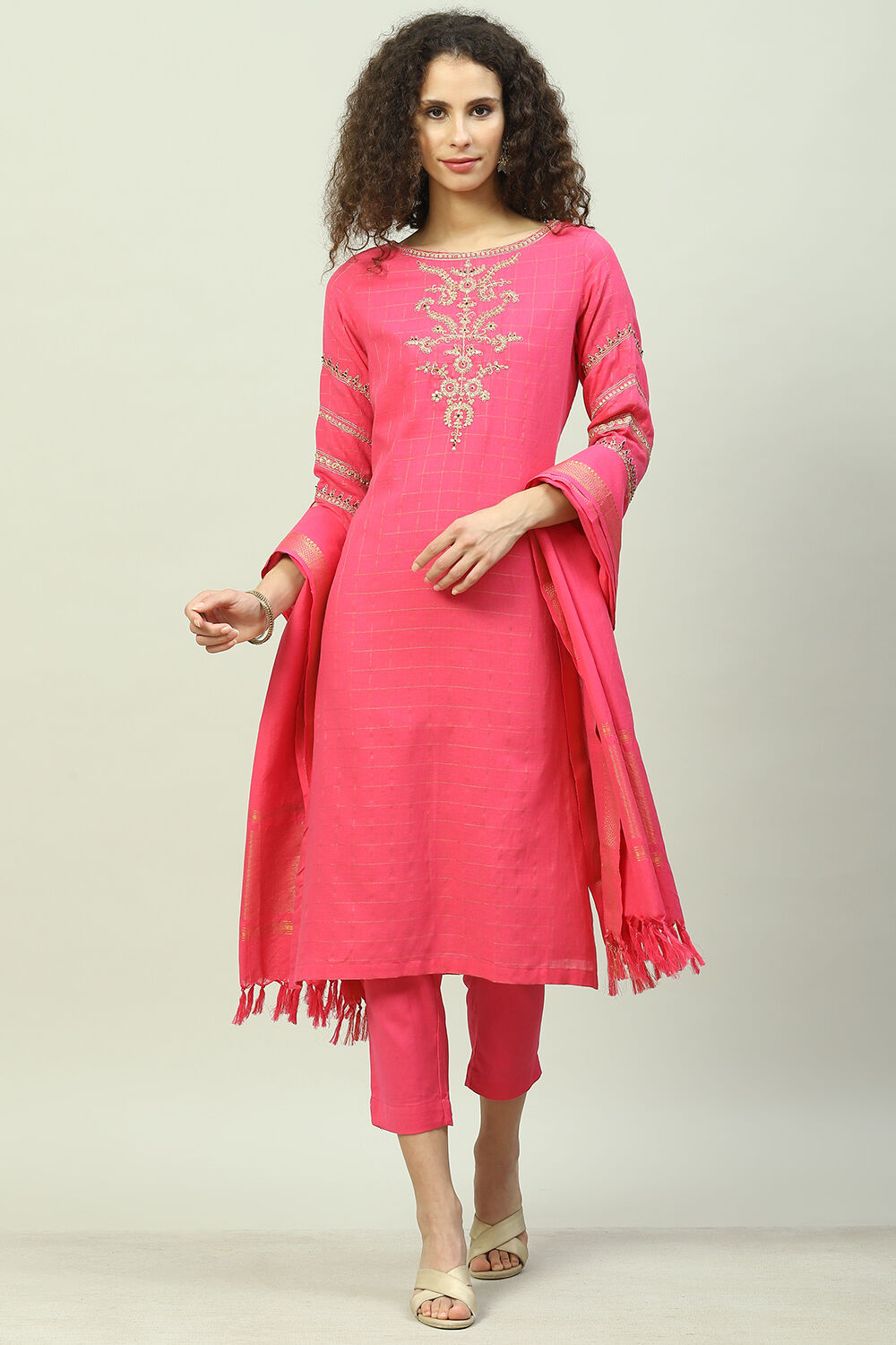 Turquoise Cotton Straight Kurta Slim Pants Suit Set image number 0