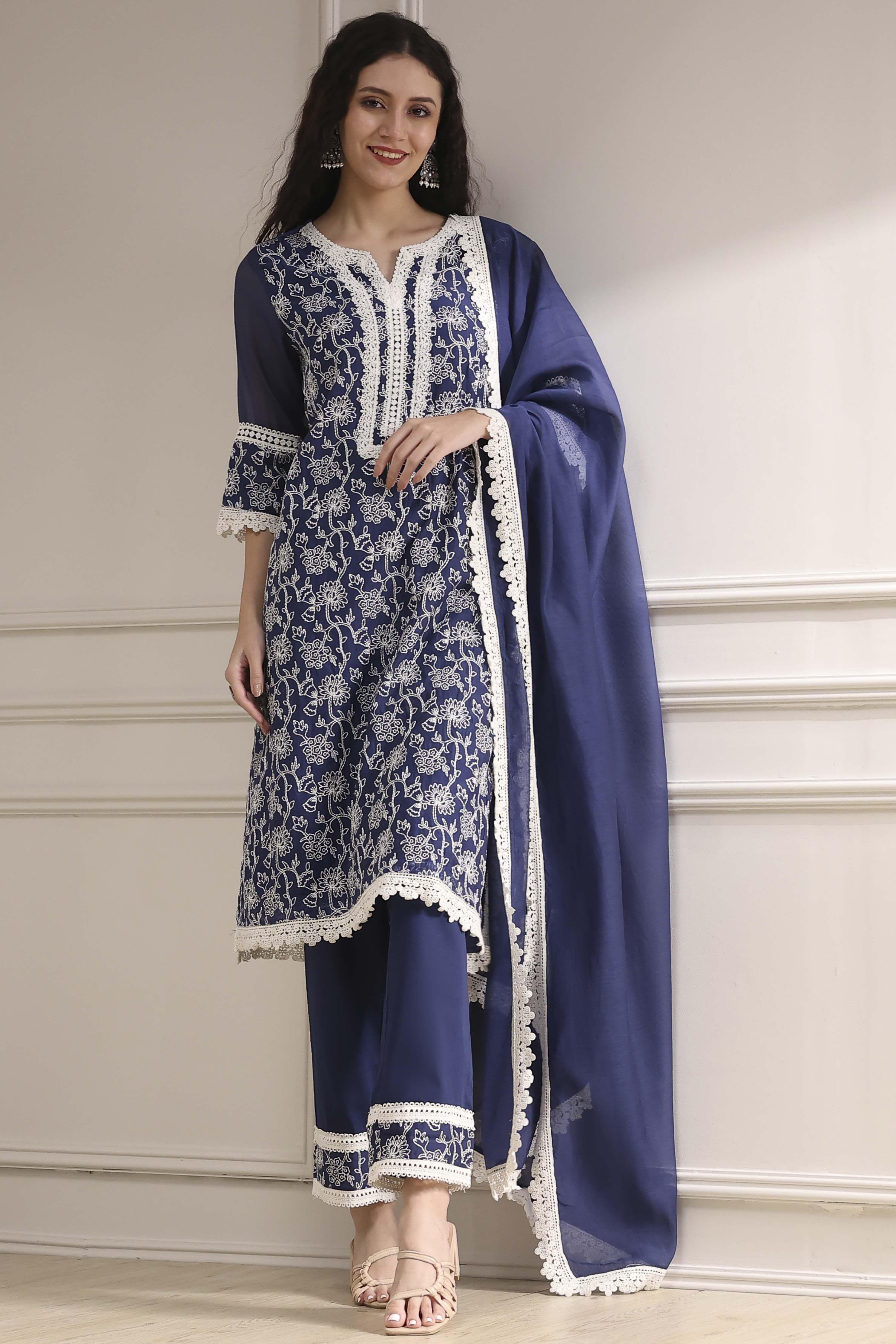 Blue Chanderi Embroidered Straight Suit Set image number 0