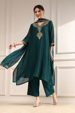 Green Polyester Straight Yarndyed Suit Set image number 0