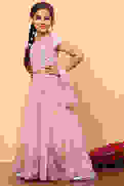 Peach-Toned Poly Chanderi Embellished Straight Lehenga Set image number 5