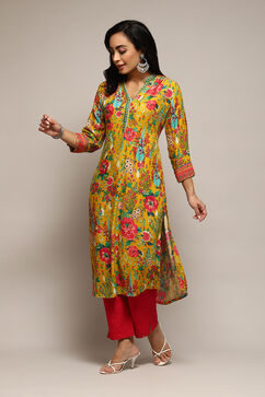 Yellow LIVA Straight Printed Kurta image number 2