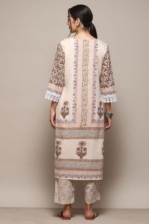 Beige Cotton Machine Embroidered Unstitched Suit Set image number 6