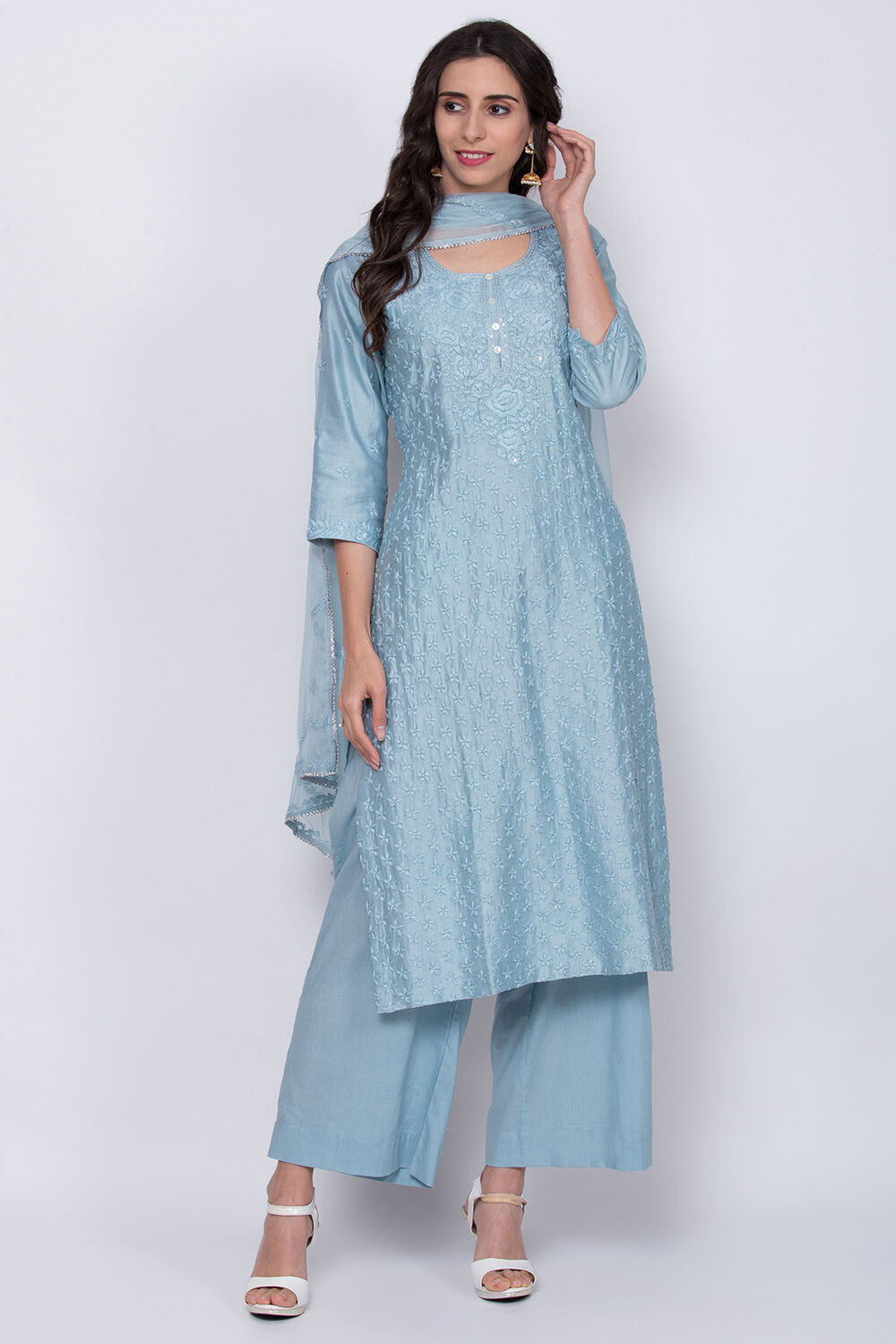 Ice Blue Cotton Silk Chikankari Kurta Palazzo Suit Set