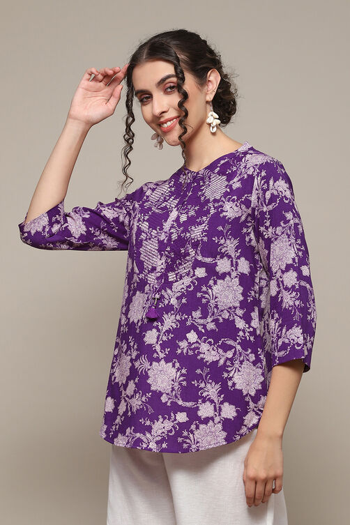 Pink & Purple LIVA Straight Printed Kurti image number 3