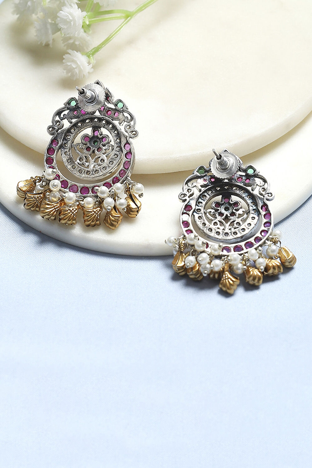 Green Pink Stone Embellished Earrings image number 2