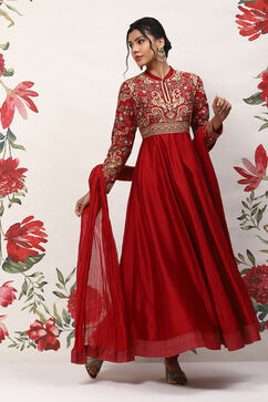 Rohit Bal Red Cotton Blend Anarkali Kurta Suit Set image number 6