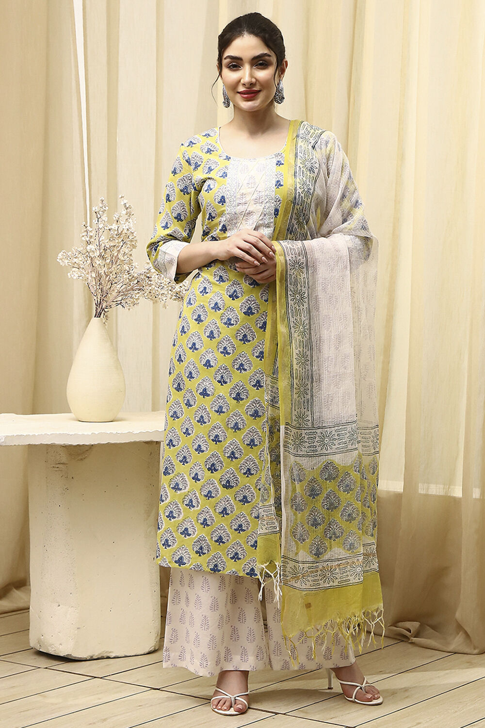 Slate Blue Cotton Hand Block Print Unstitched Suit Set image number 7