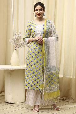 Lime Green Cotton Hand Block Print Unstitched Suit Set image number 7