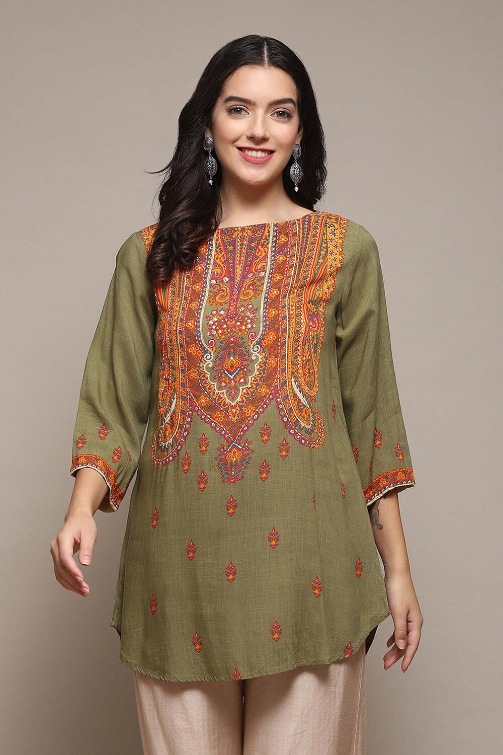 Green LIVA Straight Printed Kurti Kurti at Biba Global