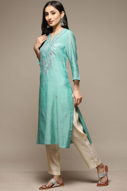 Sea Green Cotton Blend Straight Yarndyed Kurta image number 5