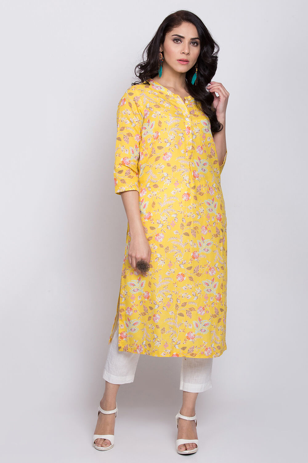 Buy Yellow Cotton Straight Printed Kurta for N A0.0 Biba India